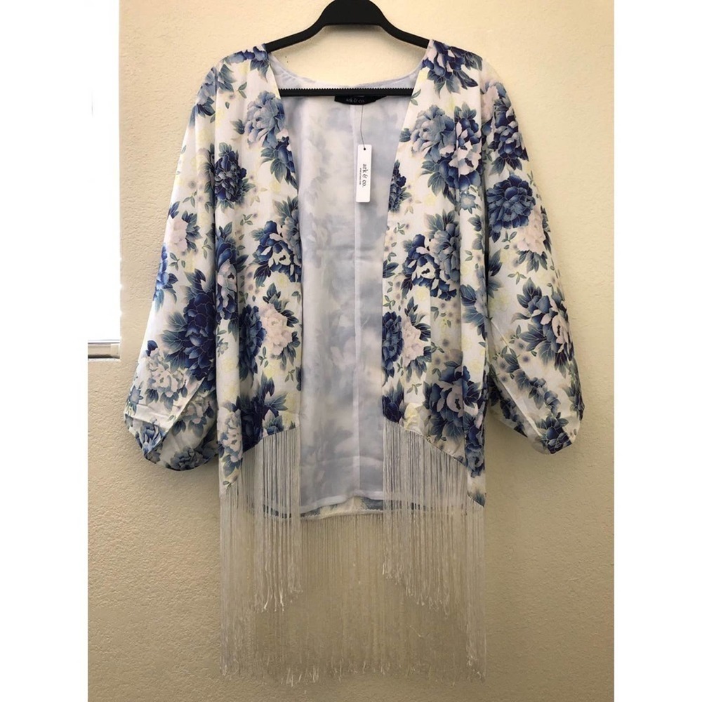Ark & Co Floral Open Front Tassel Bottom Cardigan